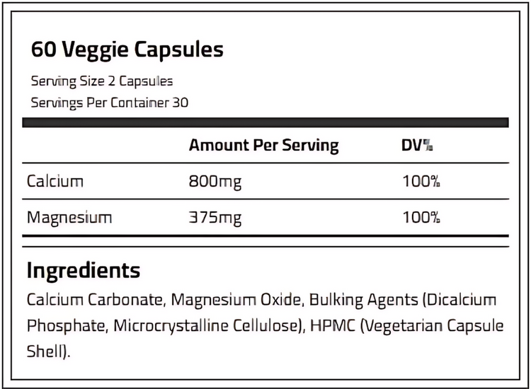 Nutritional label for a supplement with calcium and magnesium content.