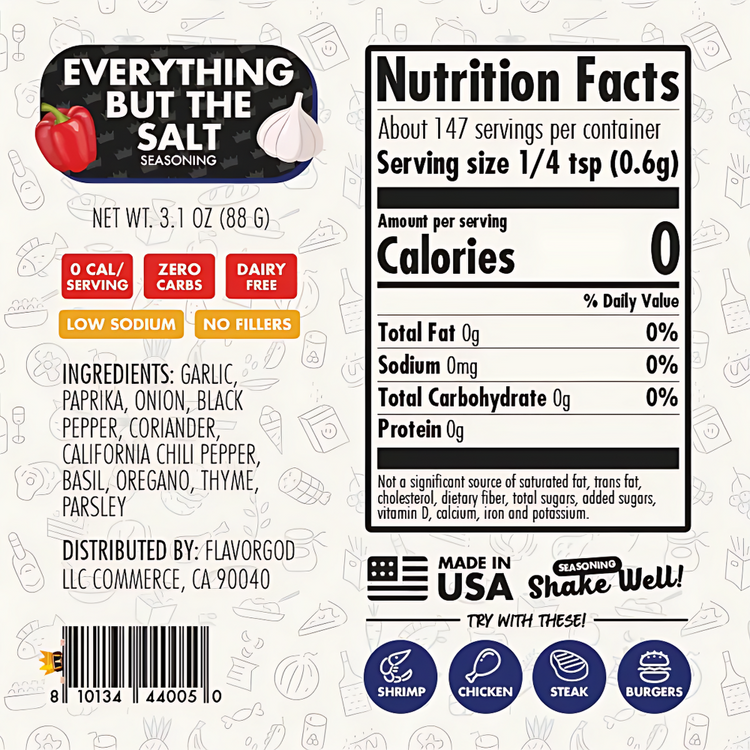 Nutrition facts label for 'Everything But The Salt' seasoning on a white background with ingredient list and branding.