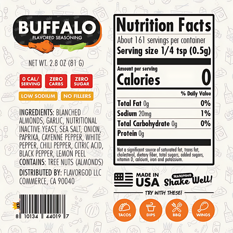 Nutrition facts label for Buffalo flavored seasoning on a white background with icons and text.