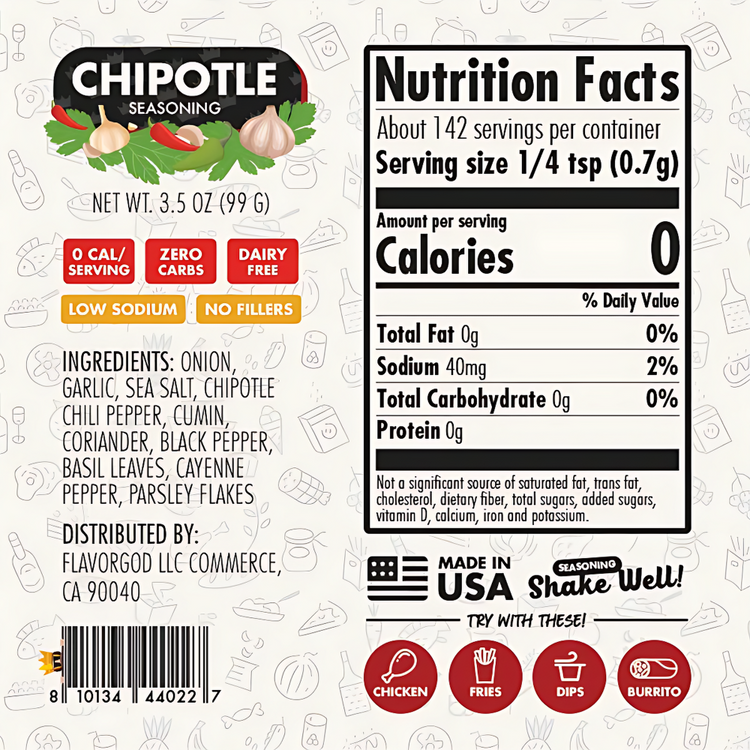 Nutrition facts label for Chipotle seasoning on a white background with decorative elements.