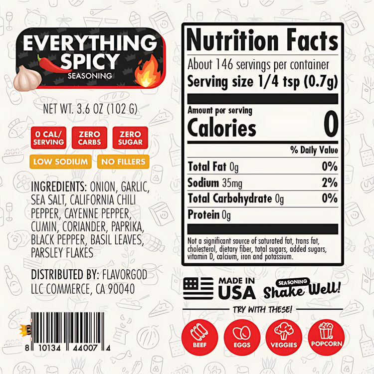Everything Spicy seasoning label with nutrition facts and ingredients on a white background.