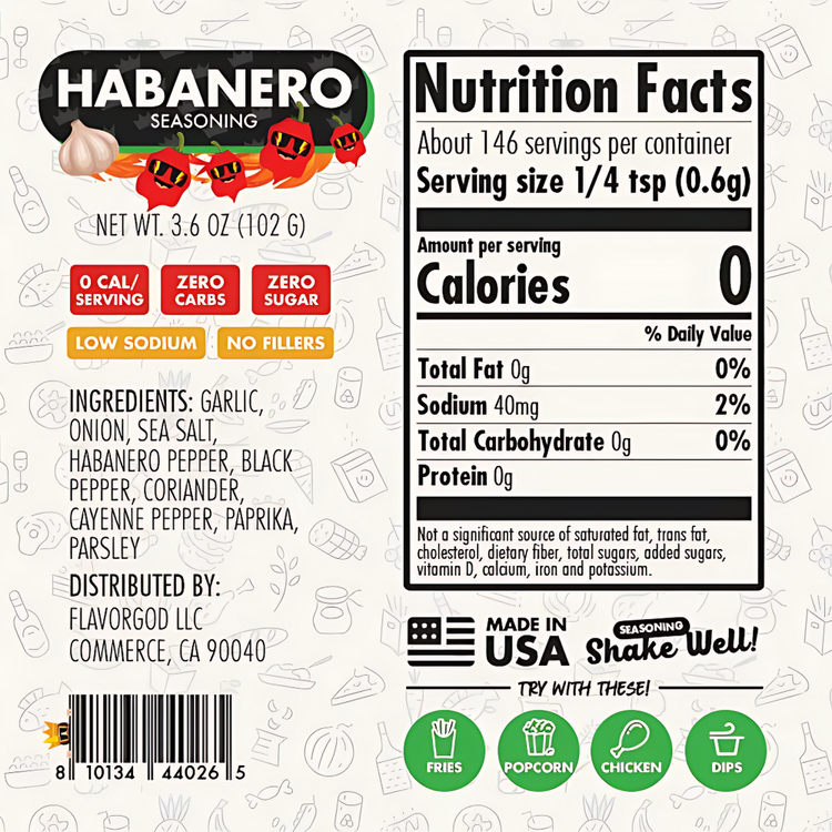 Habanero seasoning label with nutrition facts and ingredients on a white background