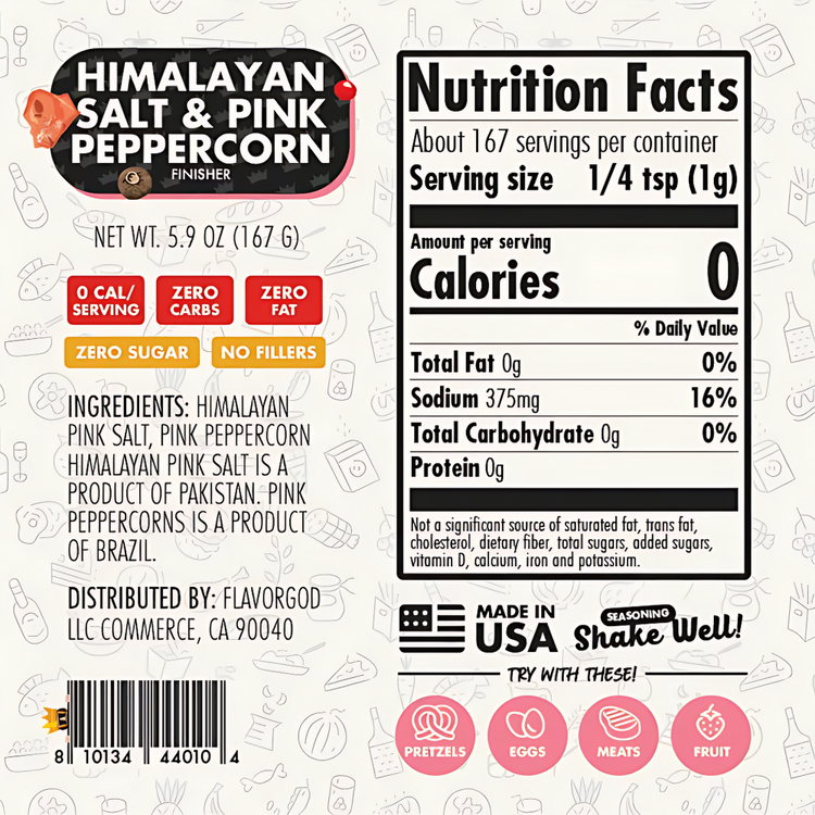 Nutrition label for Himalayan Salt & Pink Peppercorn seasoning on a white background with icons.