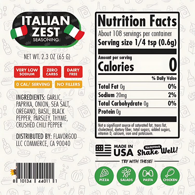 Italian Zest seasoning label with nutrition facts and ingredients on a white background.
