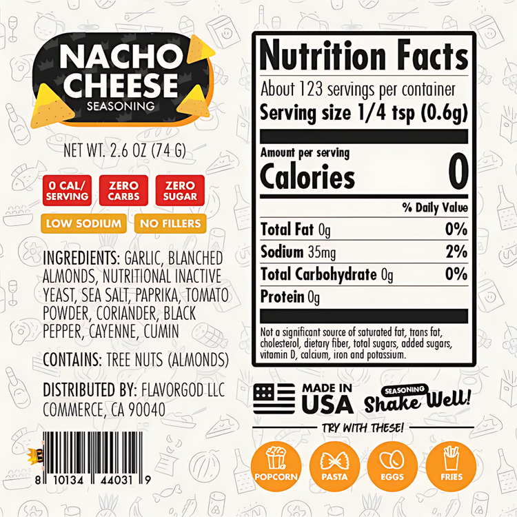 Nacho cheese seasoning label with nutrition facts and ingredients on a white background.