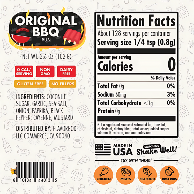 Nutrition facts label for Original BBQ Rub on a white background with graphics.