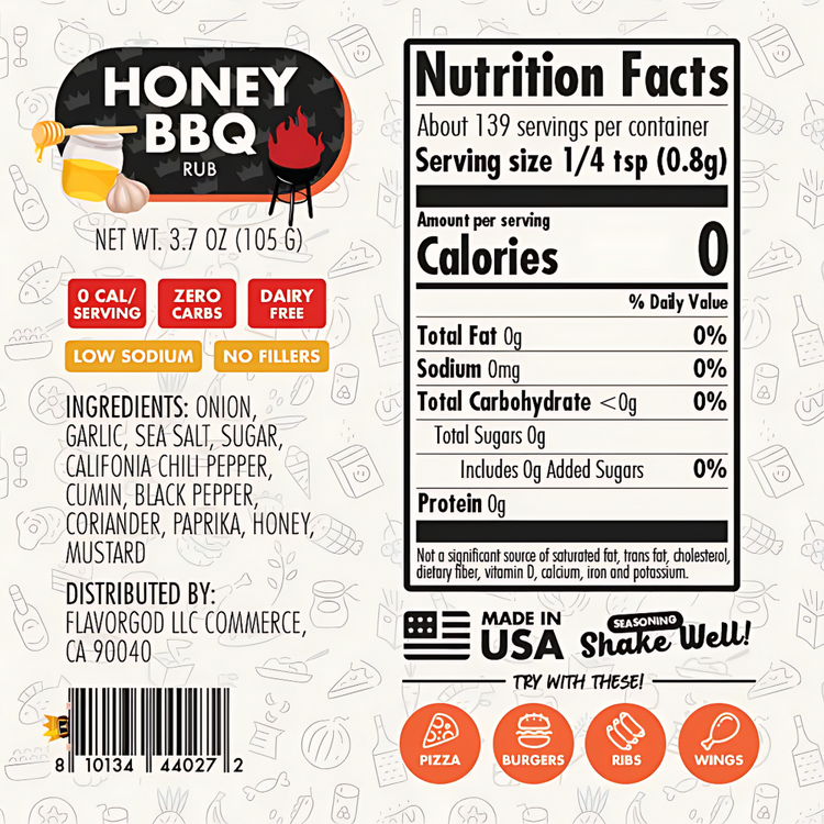 Honey BBQ Rub label with nutrition facts and ingredients on a white background