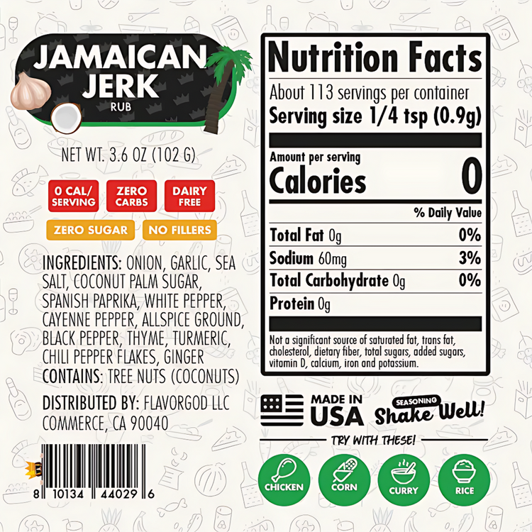 Jamaican jerk rub packaging with nutrition facts label on a white background