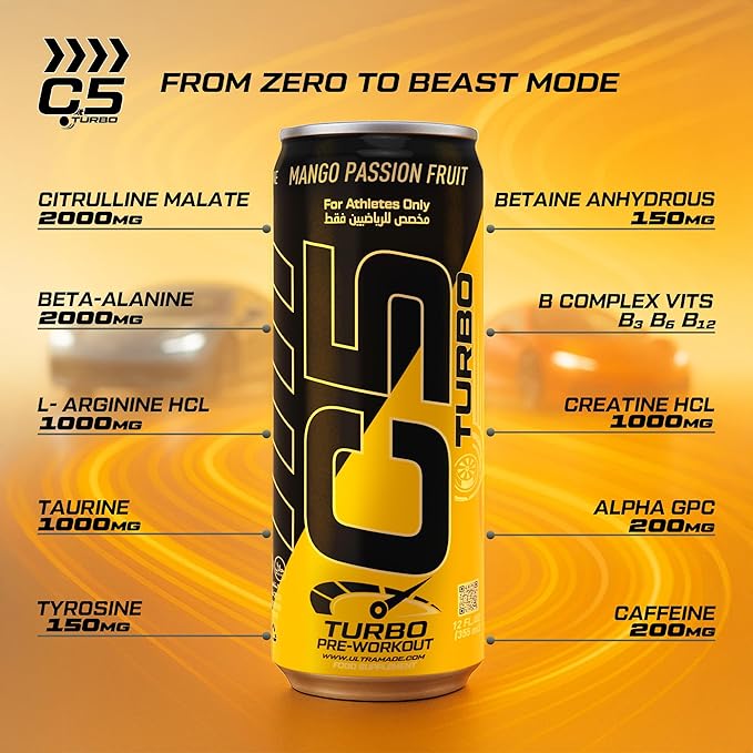 C5 Turbo Pre‑Workout Drink – 355ml | 200mg Caffeine | Creatine HCL, Beta‑Alanine & L‑Citrulline | Zero Sugar | Pack of 12 ultramade
