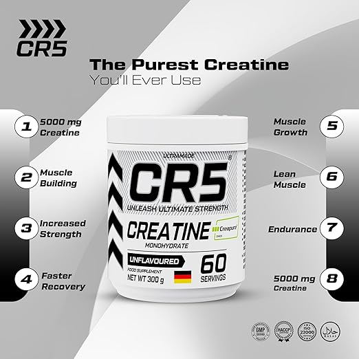 CR5 Creapure® Creatine Monohydrate Powder – Micronized, Pharmaceutical Grade | Unflavoured, 5000mg Per Serving, 60 Servings (300g) ultamade