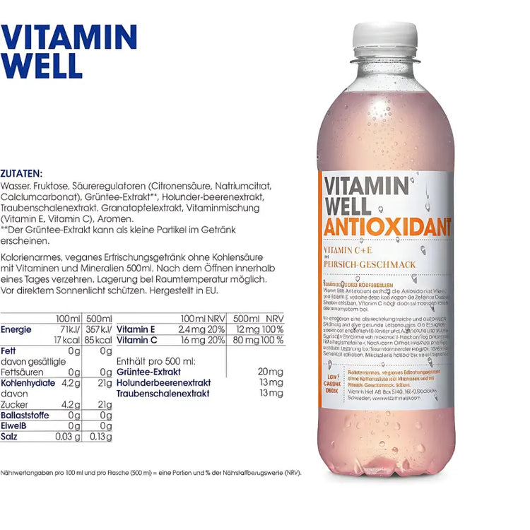 Vitamin Well Antioxidant: Peach Flavor with Vitamin C, E, Selenium, and Manganese- 500ml Vitamin Well