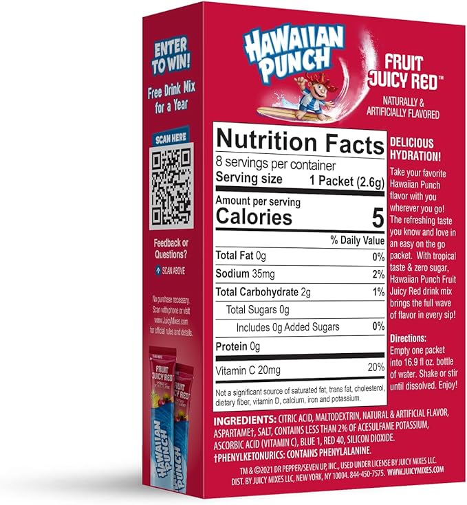 Hawaiian Punch Powder Drink Mix – Sugar Free & Delicious, Excellent source of Vitamin C 8 sticks