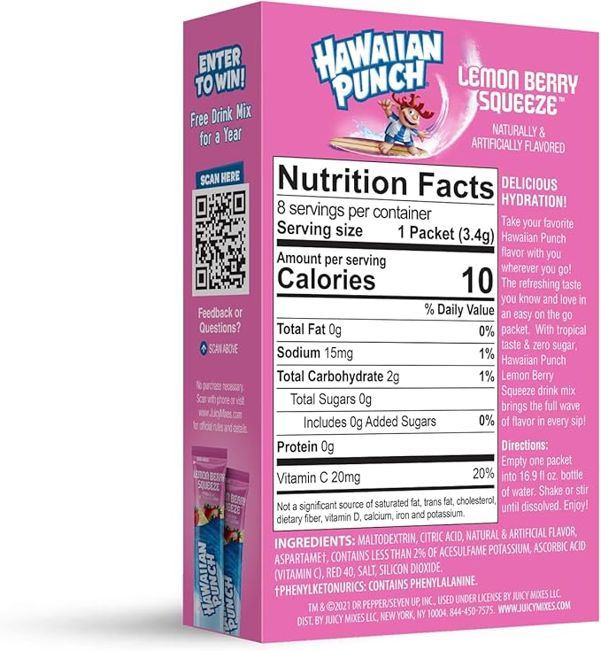 Hawaiian Punch Powder Drink Mix – Sugar Free & Delicious, Excellent source of Vitamin C 8 sticks