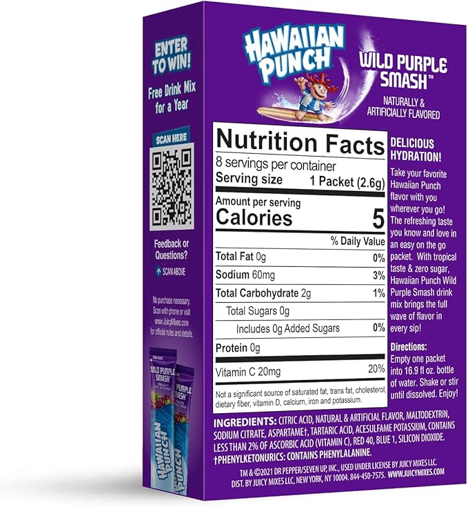 Hawaiian Punch Powder Drink Mix – Sugar Free & Delicious, Excellent source of Vitamin C 8 sticks