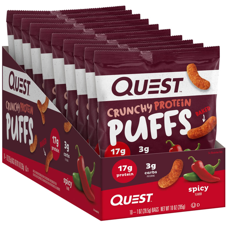 Quest Nutrition Crunchy Protein Puffs, Spicy, 17g Protein, 3g Carbs, Gluten Free, Baked, 10 Count Puzzle Supps