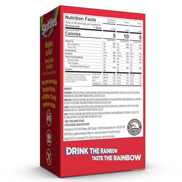 Skittles Singles To Go Variety Pack, Watertok Powdered Drink Mix, Zero Sugar, Low Calorie, Includes 4 Flavors, 1 Box (20 Single Servings) (Fruity) Skittles