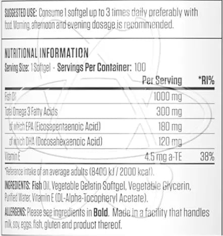 Applied Nutrition Omega 3 - Omega Fish Oil 1000mg, 180mg EPA & 120mg DHA per Softgel, Made in The UK (100 Soft-Gels) Applied Nutrition
