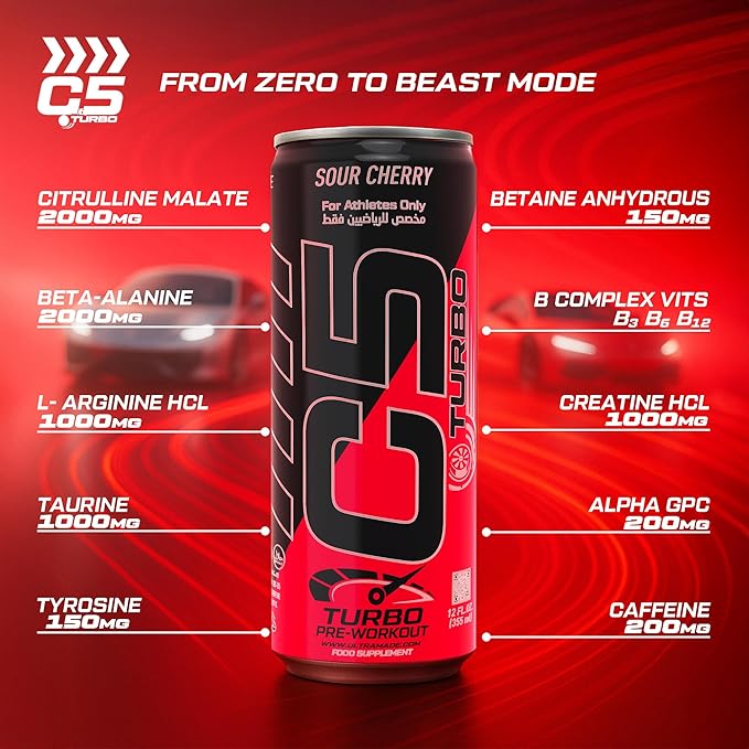C5 Turbo Pre‑Workout Drink – 355ml | 200mg Caffeine | Creatine HCL, Beta‑Alanine & L‑Citrulline | Zero Sugar | Pack of 12 ultramade