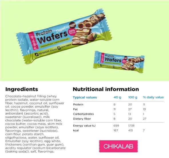 Chikalab Protein Wafer bars: High-Protein- Gluten-Free, Sugar-Free and Delicious|  12x40g- Box 680g Chikalab