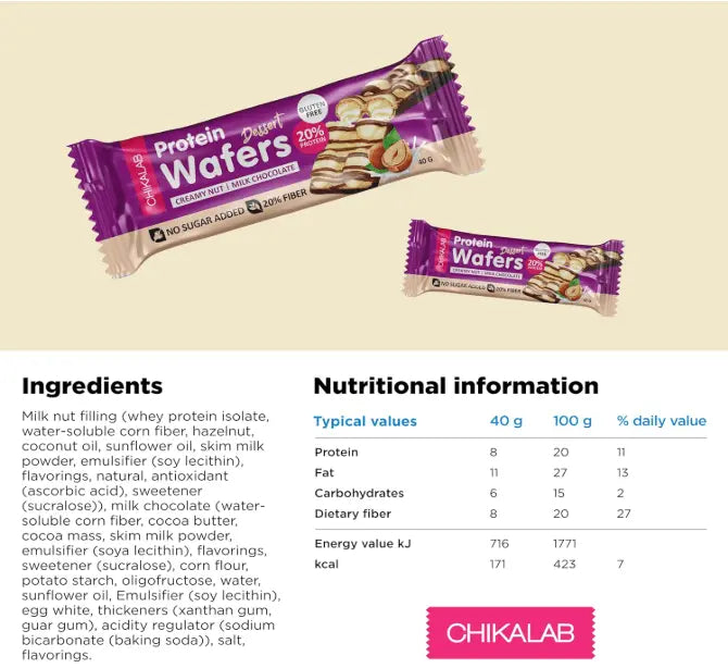 Chikalab Protein Wafer bars: High-Protein- Gluten-Free, Sugar-Free and Delicious|  12x40g- Box 680g Chikalab