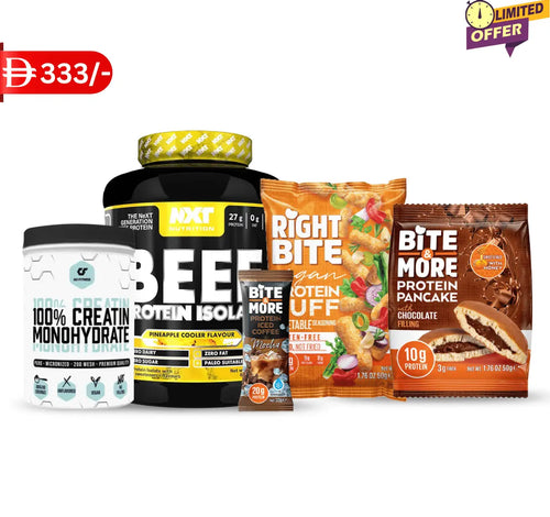 Combo 1 : NXT Beef Protein Isolate, Creatine Monohydrate, Right Bite Puff Veg, Iced Coffee Mocha & pancake Puzzle Supps
