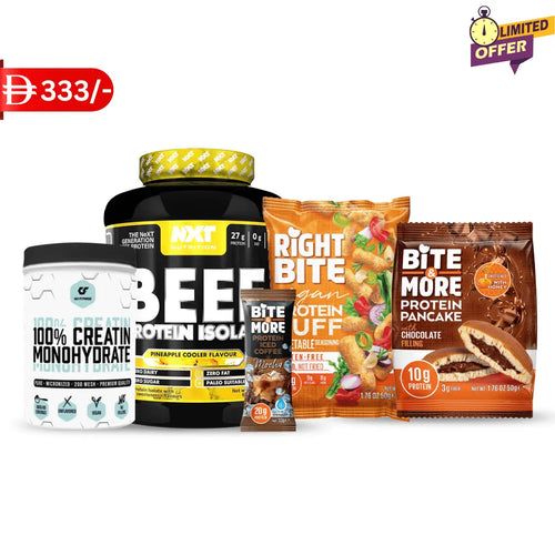 Combo 1 : NXT Beef Protein Isolate, Creatine Monohydrate, Right Bite Puff Veg, Iced Coffee Mocha & pancake Puzzle Supps