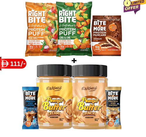 Combo 3 : Enigma Peanut butter Creamy, Enigma Peanut butter Crunchy, Bite & more Puff, Iced Coffee, Pancake enigma