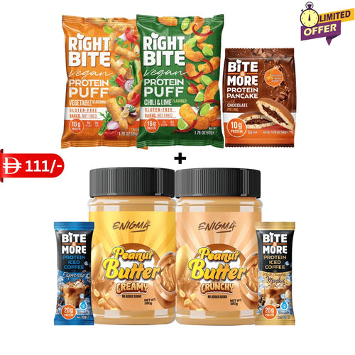 Combo 3 : Enigma Peanut butter Creamy, Enigma Peanut butter Crunchy, Bite & more Puff, Iced Coffee, Pancake enigma