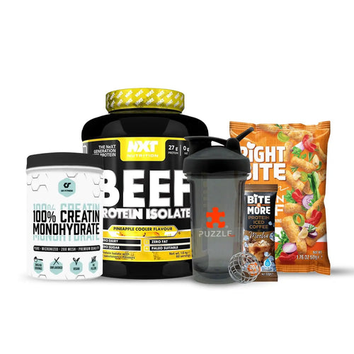 Combo 5 in 1: NXT Beef Protein Isolate, Applied Creatine Monohydrate, Right Bite Puff, Shaker Bottle, Cold Coffee Puzzle Supps