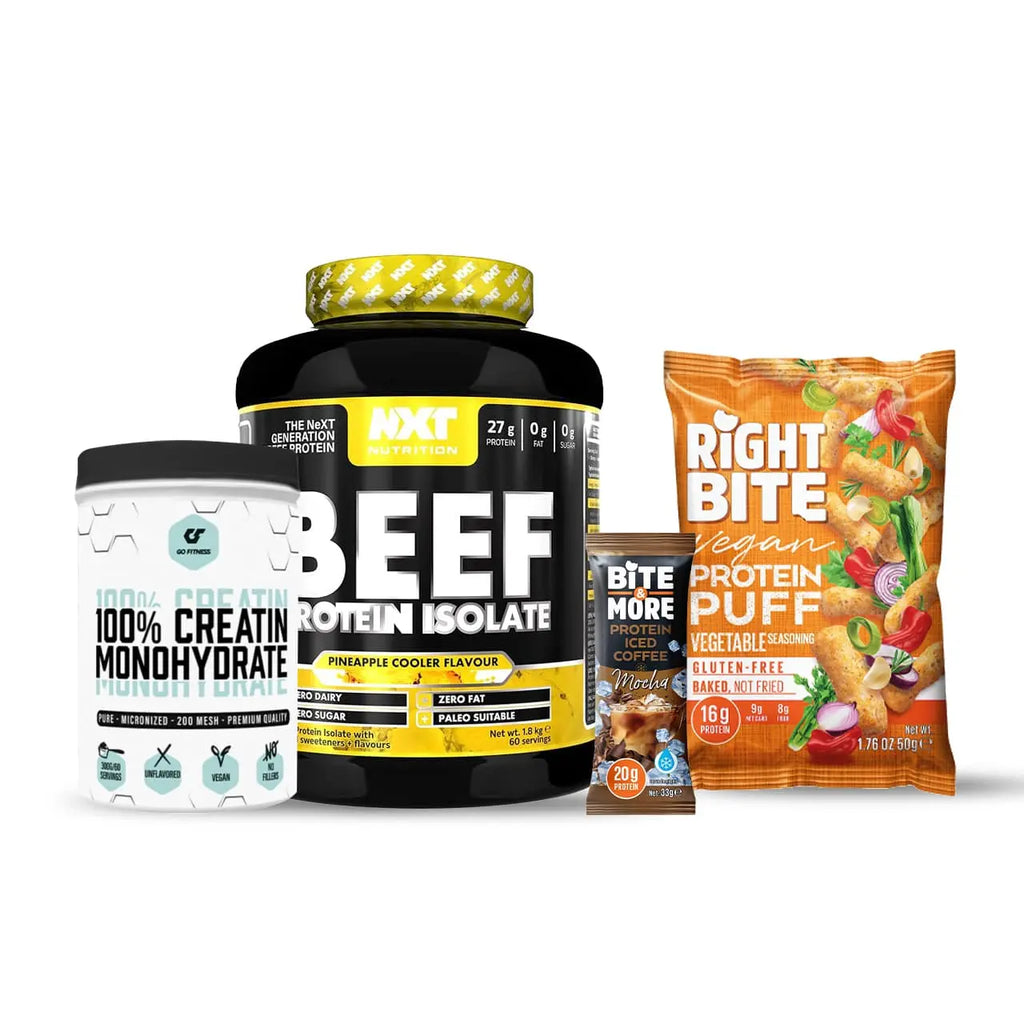 مجموعة 5 في 1: بروتين لحم البقر المعزول من NXT، أحادي هيدرات الكرياتين من Go Fitness، رايت بايت نفخة، زجاجة رج، قهوة باردة