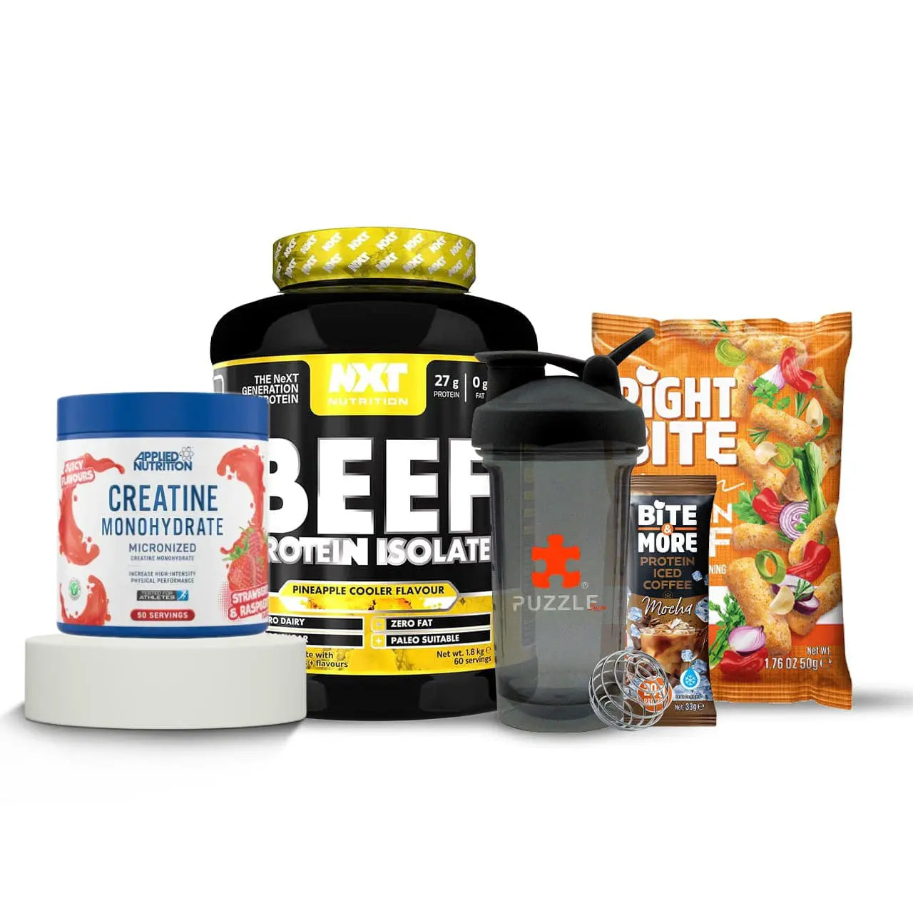 Combo 5 in 1: NXT Beef Protein Isolate, Applied Creatine Monohydrate, Right Bite Puff, Shaker Bottle, Cold Coffee Puzzle Supps