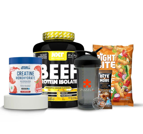 Combo 5 in 1: NXT Beef Protein Isolate, Applied Creatine Monohydrate, Right Bite Puff, Shaker Bottle, Cold Coffee Puzzle Supps