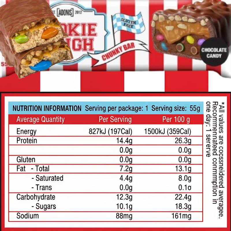 أدونيس بار عجينة البسكويت بالبروتين – وجبة خفيفة غنية بالبروتين لاستعادة العضلات، والطاقة المستدامة، والتخلص من الشعور بالذنب | علبة 12 × 55 جم - 660 جم