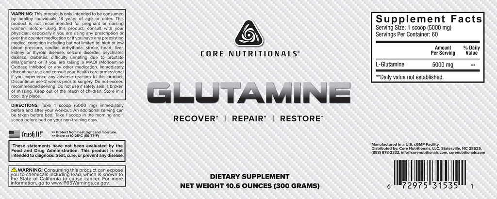 Core Nutrition Glutamine, Enhances Muscle Growth and Immune Support, 5000mg, 60 Servings Core Nutrition