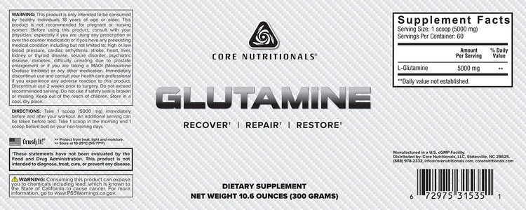 Core Nutrition Glutamine, Enhances Muscle Growth and Immune Support, 5000mg, 60 Servings Core Nutrition