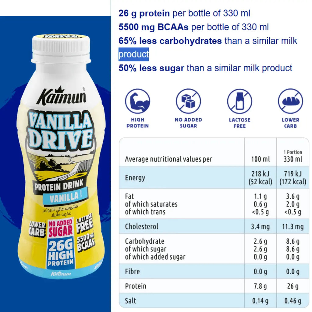 Kaimun High-Protein Drink | No-Sugar- Lactose-Free, BCAAs, and Lower Carb (8x330ml) Kaimun