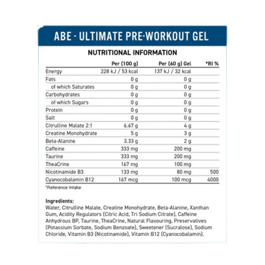 Applied-nutrition ABE Pre Workout Gel | All Black Everything | 20x60g | Enhanced Performance & Focus | Reduces Fatigue | Citrulline & Creatine |  Box of 1200g | AED 190 Applied Nutrition