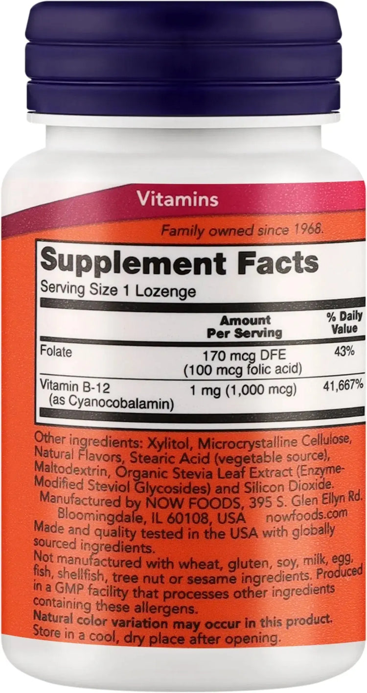Now B-12 1000 mcg Lozenges With Folic Acid For Energy Production & Healthy Nervous System, Pack of 100's NOW