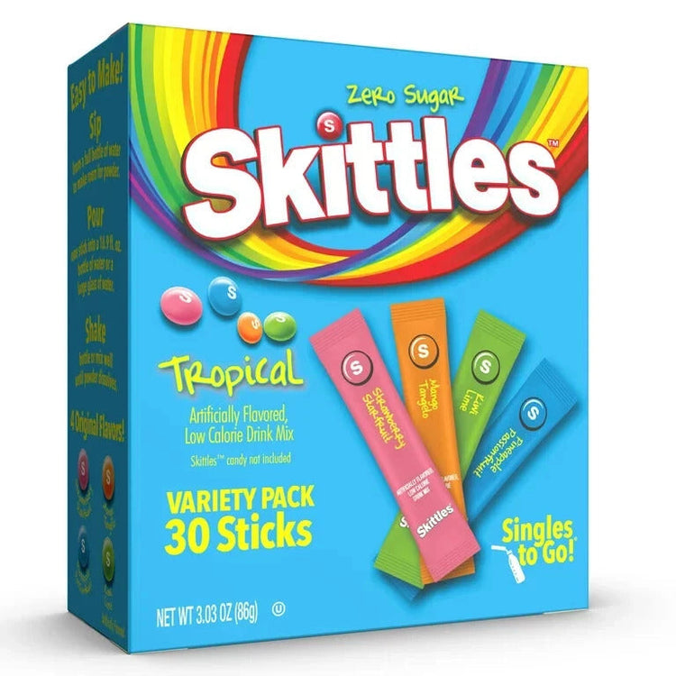 Skittles Singles To Go Tropical- Powdered Drink Mix, Includes 4 Flavors, Strawberry Starfruit, Mango Tangelo, Kiwi Lime, Pineapple Passionfruit- Skittles