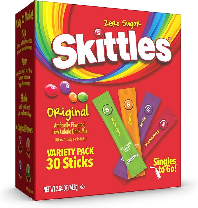 Skittles Singles To Go Variety Pack, Watertok Powdered Drink Mix, Zero Sugar, Low Calorie, Includes 4 Flavors, (Fruity) Skittles