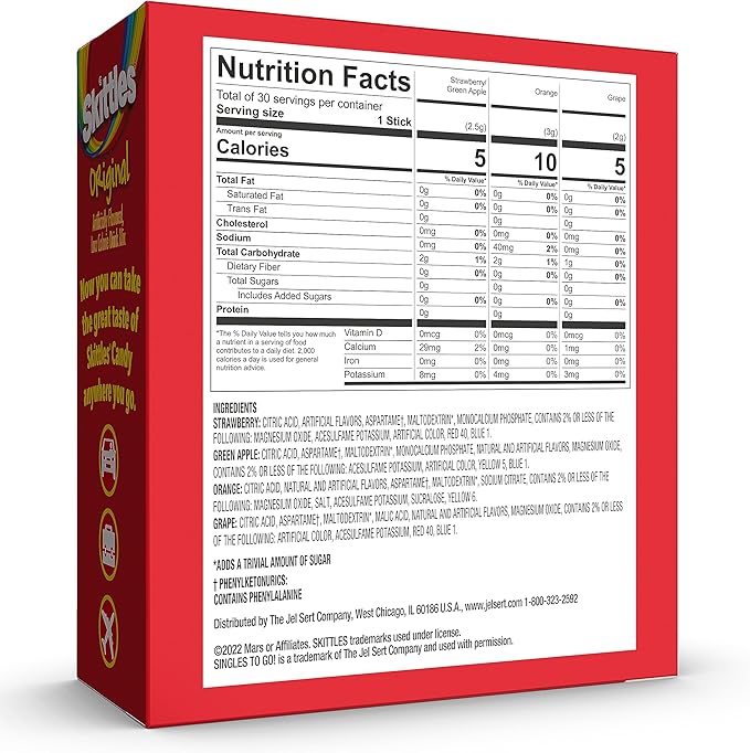 Skittles Singles To Go Variety Pack, Watertok Powdered Drink Mix, Zero Sugar, Low Calorie, Includes 4 Flavors, (Fruity) Skittles
