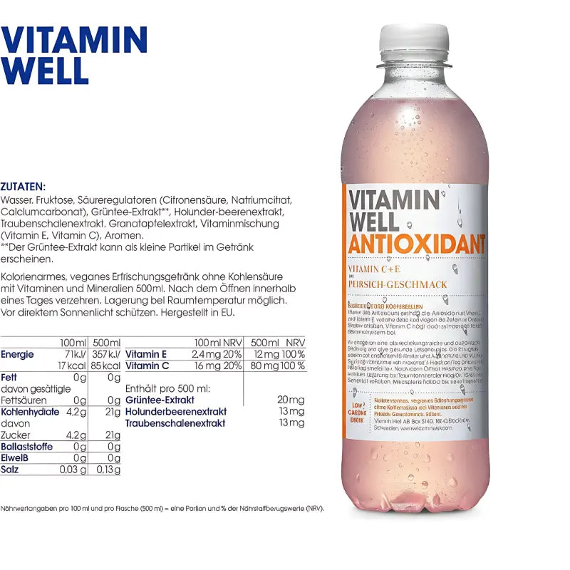 Vitamin Well Antioxidant: Peach Flavor with Vitamin C, E, Selenium, and Manganese- 500ml Vitamin Well