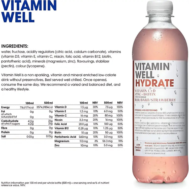 Vitamin Well Hydrate Rhubarb Strawberry 500ml Vitamin Well