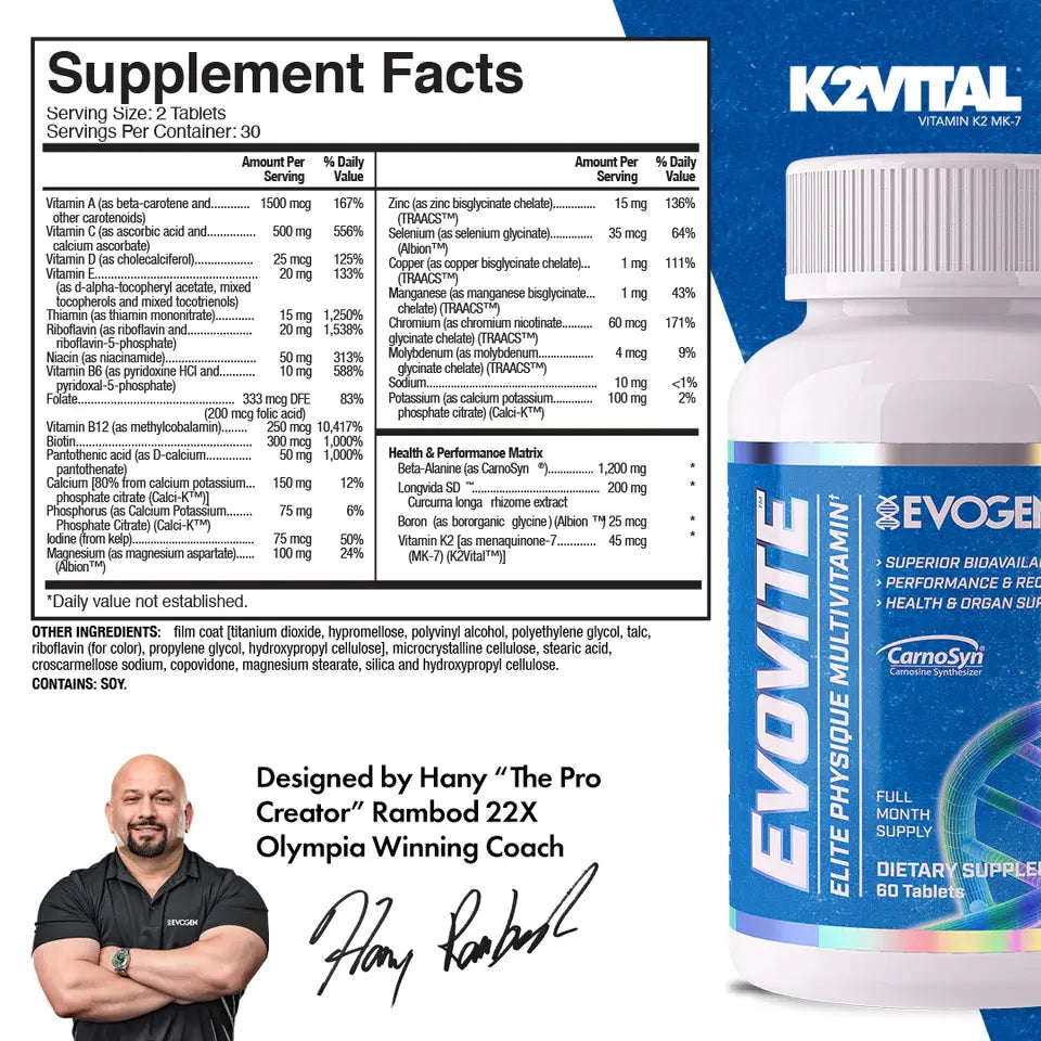 EVOGEN EVOVITE Multivitamin 60 tabs: High-Potency Formula with Beta-Alanine and Curcumin Evogen